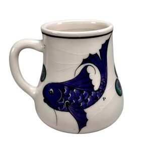 Vintage Hand-Painted Iznik Gini Turkish Decorative Coffee Mug Crazing Blue White
